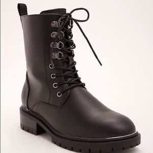 Black Faux Leather & Metal Heel Combat Boot